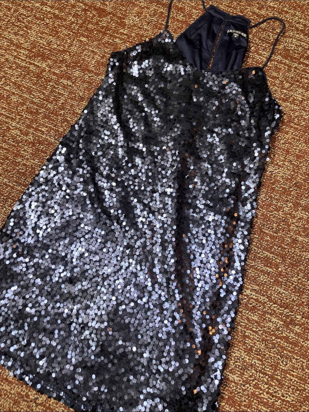 Express blue sequin shift mini dress high neck keyhole back formal dress small